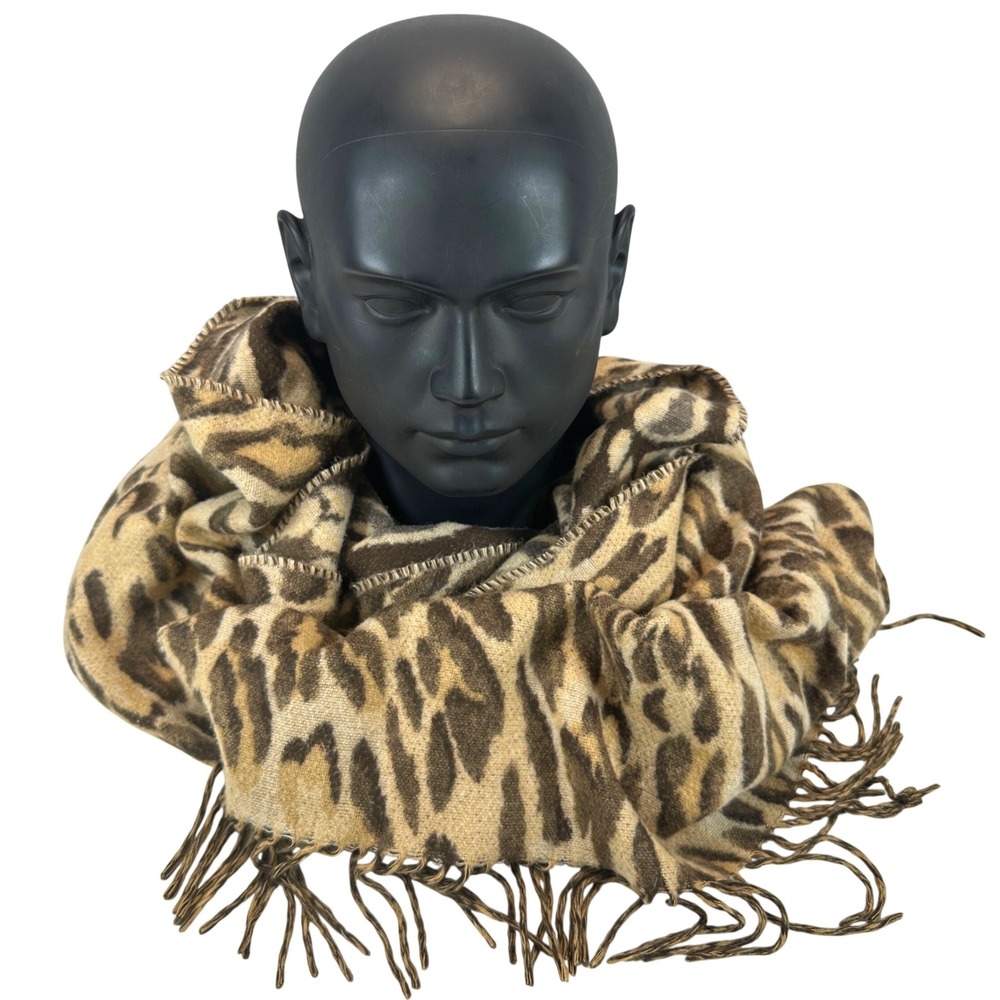 Leopard Print Fringe Wrap Scarf Tan Brown Animal Print Womens OS 72x21" Mobwife